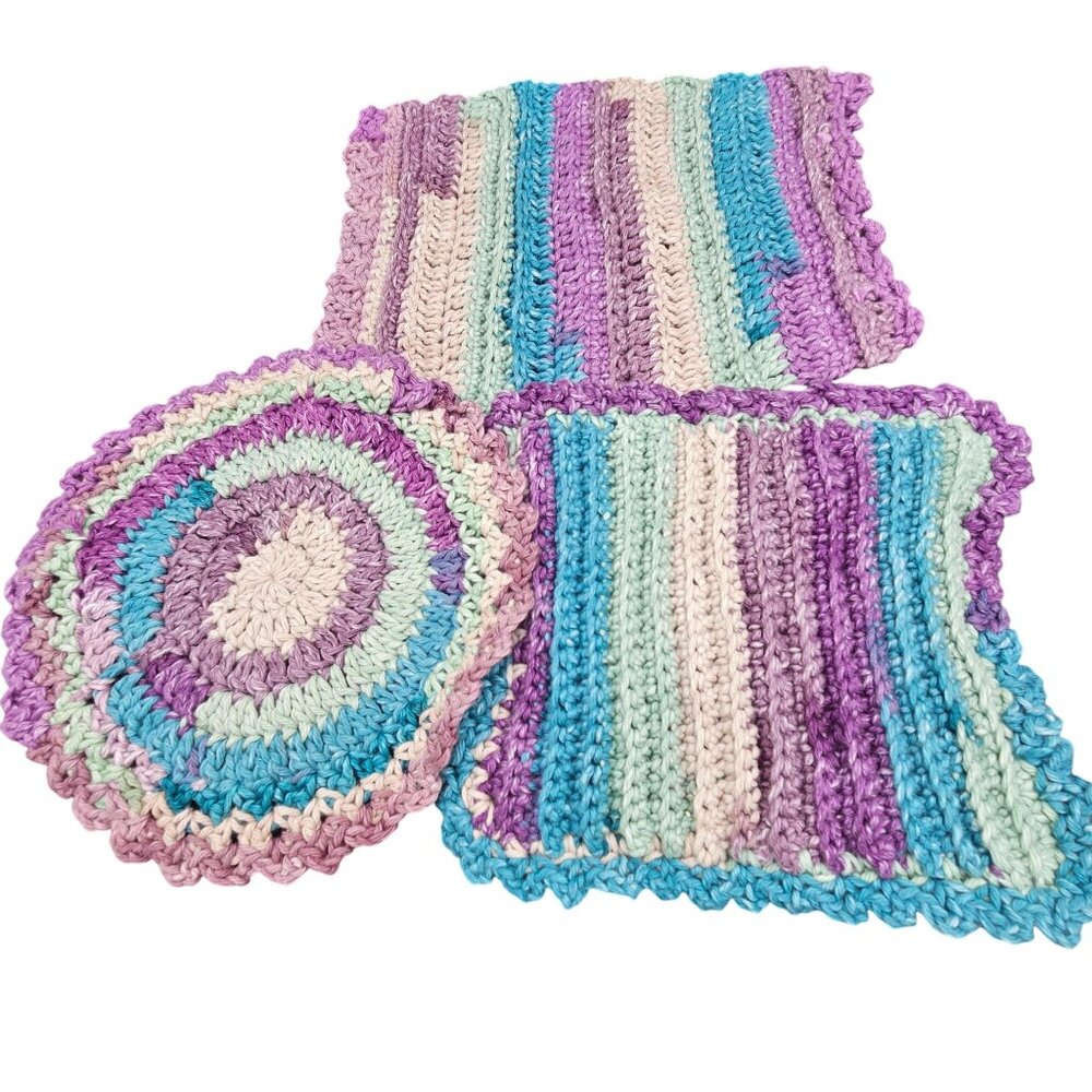Cottagecore handcrafted crochet purple, blue, teal/aqua trivets/pot holders
